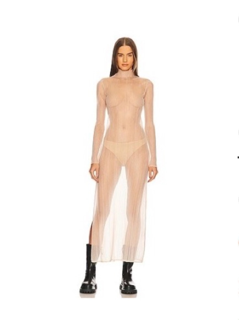 Sheer Long-Sleeve Nude Swim Cover-Up Dress